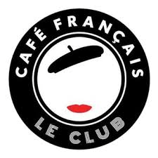Logo for Café Français Le Club featuring a hat, a red lip, and the text 'Café Français Le Club' in a circular design.